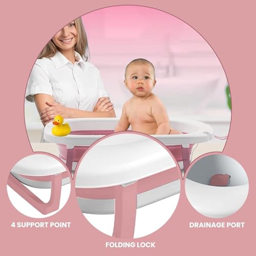 Image of Safe-O-Kid Tubbly Anti-Slip Folding Baby Bath Tub,with Support Cushion,Temperature Sensitive Plug,Portable Bathtub,Soap Tray,Easy to Store,Foldable Shower Pool for Kids Upto (0-4 Years),Pink