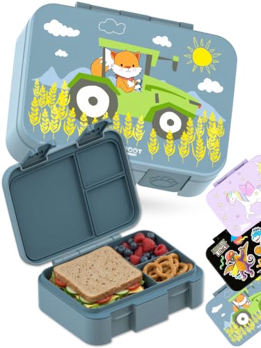 Image of BEARFOOT Kids Lunch Box with Compartments - Compact & Lightweight | Leak-Proof, BPA-Free, Dishwasher Safe | Hand-Drawn Design for Preschool, School, Travel (Tractor Fox Blue, 2.75 Cups)