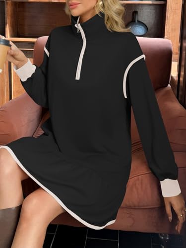 Wenrine Womens 2025 Fall Oversized Sweatshirt Dress Casual Long Sleeve Quarter Zip Ruffle Hem Pullover Mini Dresses4