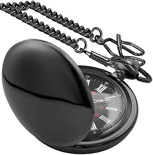 Tiong Classic Smooth Steel Quartz Pocket Watch with Chain Roman Numerals Men Women Pocket Watches Pendant Fathers Day Birthday Gift