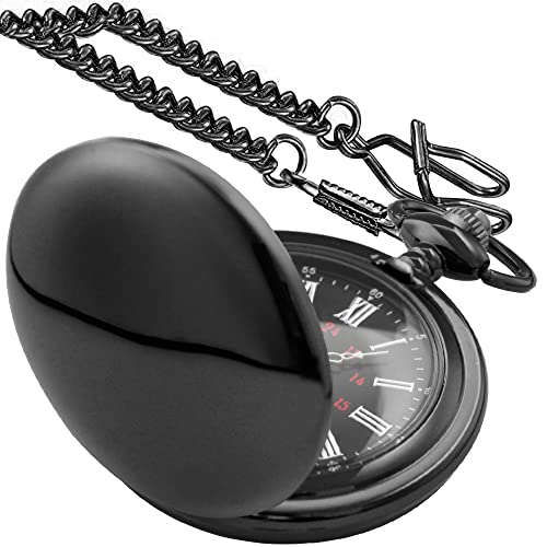 CUSTCH Relógio de bolso de quartzo preto gravado com padrão vintage, numerais arábicos, mostrador co