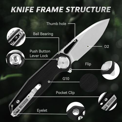 Image of Pocket Folding Knife,3.15 inch D2 Steel Blade,Black G10 Handle,Push Button Lever Lock,Pocket Knife with Pocket Clip for Outdoor,Survival,EDC
