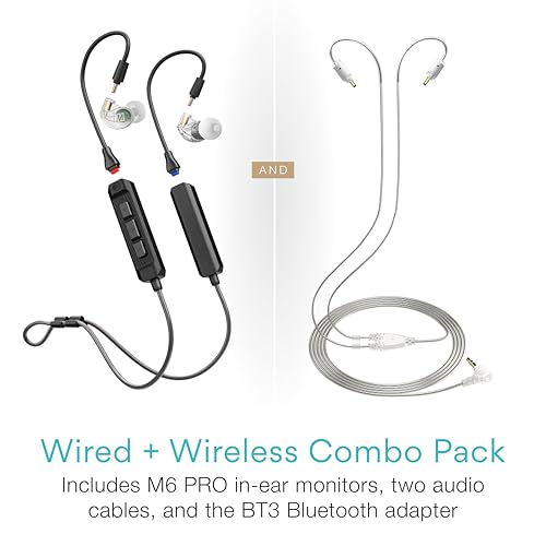Image of MEE audio M6 PRO Musicians' In-Ear Monitors Wired + Wireless Combo Pack: Includes IEMs, 2 Audio Cables and BT3 Hi-Res Bluetooth Audio Adapter w /aptX, LDAC, Auracast Support, & Built-In Headset (Clear)