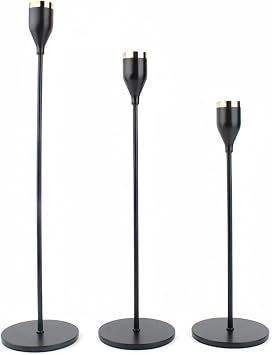 Candlestick Holders for Black Dining Room Table 3 Set, 9"x11"x13" Iron Candle Holder Three-piece Set Table Decor centerpieces House Decorations Living Room, Black and Gold Decor Wedding Decor