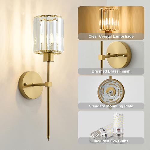 Image of KARTOOSH Hardwired Crystal Wall Sconces Set of 2 | 20.1 Inch Brass Wall Lights Dimmable 3000K Warm White Wall Lamps for Hallway, Bathroom, Living Room, Bedroom