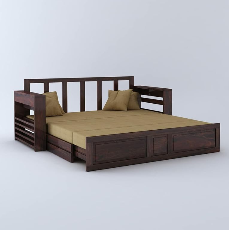 Image of Solid Sheesham Wood Sofa Cum Bed 2 Seater | Wooden Foldable Double Bed for Living Room with Headboard & Storage | Bed Cum Sofa with Mattress for Home | Dalla Design (Walnut Finish)