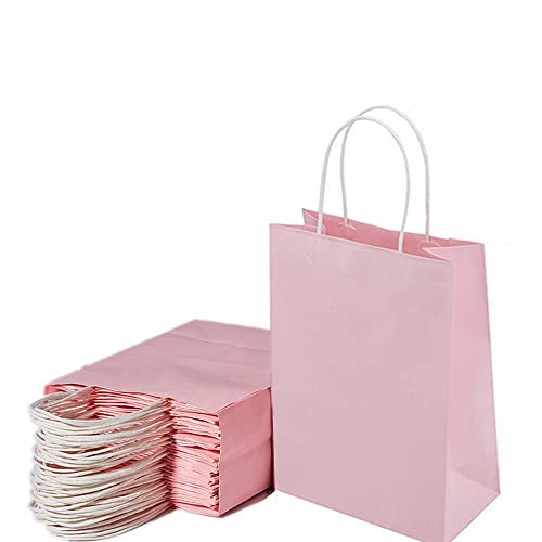 AukCherie Paper Gift Bags with Handles Medium Bulk Kraft Paper Bags for Transporting Takeaway Items and Wedding, Birthday, Party Supplies and Gifts (Pink-10pc)