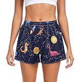[Ａｋｉ ｒａ　ｋｉ．] Akiraki レディース ショートパンツ スポーツ ランニングウェア 短パン 恐竜 宇宙 黒 ブラック かわいい 吸汗速乾 通気 夏 ジム ヨガ カジュアル 部屋着 トレーニング