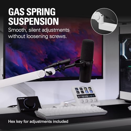 Image of Elgato Wave Mic Arm Pro White, Gas Spring Mic Arm | Supports up to 3kg, Silent gas-spring adjustment, Hidden cable channels, Padded clamp, Compatible with most mic brands