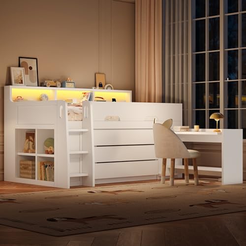 staronce Cama alta de 140 x 200 cm, cama de metal con espacio para escaleras e iluminación LED, enchufe europeo y pared perforada, escritorio integrado, estantes de varios niveles, cama individual
