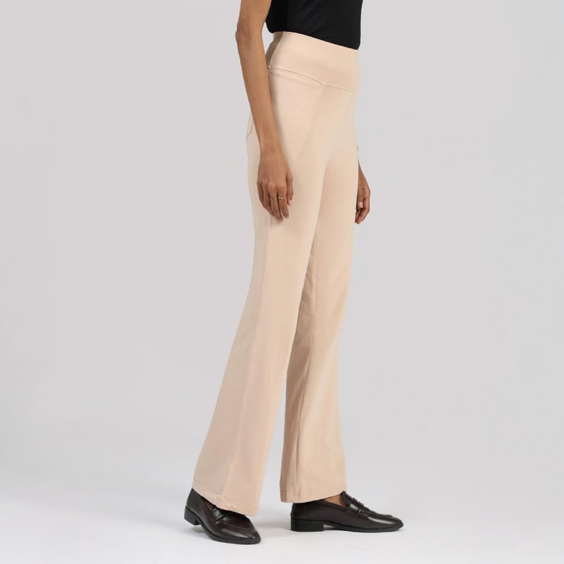 Image of Blissclub AM:PM Cotton Flare Pants for Women Upto 5'4 ft | Wide Waistband, 4 Pockets | Bell Bottom Pants and high Waist Trousers for Office wear