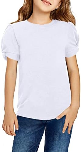Hopeac Girls Puff Sleeve T Shirts Solid Color Kids Tunic Tops Loose Casual Tee Blouses Summer Outfit White
