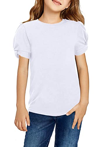 Arshiner Mädchen T-Shirts Puffarm Sommer Freizeit Kinder Shirts Oberteile Mode Rundhals Baumwolle Basic Kurzarm Tshirt für Mädchen 9-10 Jahre Weiß