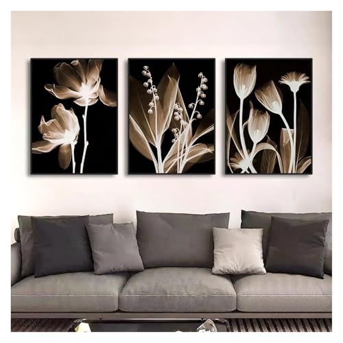 Cuadros de lienzo con flores abstractas en blanco y negro: decoración de pared 30x40cm 3