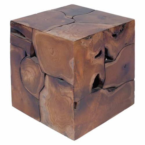 Tabouret en teck massif marron 40x40x45 cm, repose-pied en bois et table d'appoint rustique