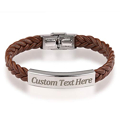 GAGAFEEL Leather Classic Braided Rope Bracelet Custom Engraved Message Stainless Steel Bangle Unisex Gift (Brown)