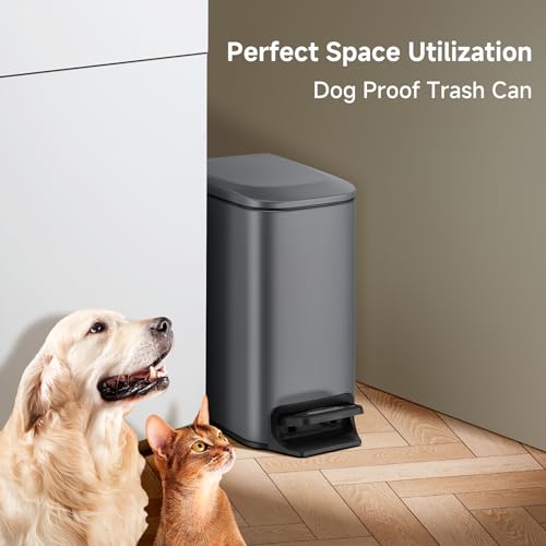 Image of TIPGO Small Bathroom Trash Can with Lid, 1.6 Gal, Soft Close, Grey | Foot Pedal, Soft Quiet Lid, 5.9'' Slim for Narrow Space, Stainless Steel, Anti-fingerprint, Removable Inner Bucket, Odor Seal