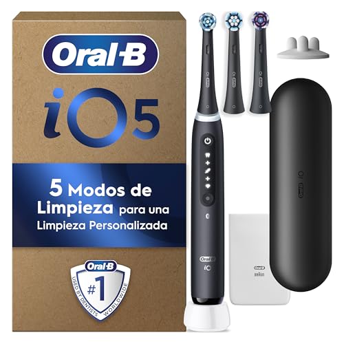 Oral-B iO 5 Cepillo De Dientes Eléctrico Negro Con 3 Cabezales y 1 Estuche De Viaje, 5 Modos De Cepillado Con Blanqueamiento Dental, Sensor De Presión, Diseñado Por Braun