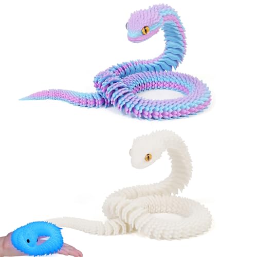 GETFACAI 2 PCS 3D Printed Snake, Fidget Animals, Home Office Executive Desk Decor, Gift for Friends (Blue Purple, Night Light White)