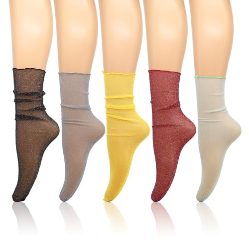 Image of Mesh Lace Socks Sheer Glitter Tulle Socks Ultra Thin See Through Transparent Loose Mesh Socks for Women Girls Dress 5 Pairs