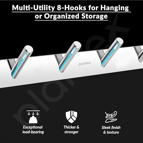 Image of Plantex Wall Hooks for Hanging Cloth /Stainless Steel Towel Hangers /Bathroom Robe Hooks /Door Hangers /Round Wall Hook /Hook Rail for Hanging Keys - 8 Hooks (Pack of 1, Chrome)