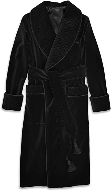 Men's Velvet Dressing Gown Black Quilted Luxury Gentleman Quilted Robes Smoking Jacket Long