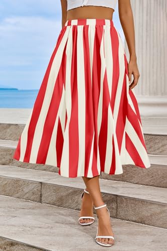 Image of Cicy Bell Womens Summer Striped Maxi Skirts A-Line Beach Vacation Outfits | Elastic Waist, Side Pockets, Flowy, Midi Length, Color Contrast, Trendy Casual