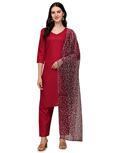 Image of Pujia Mills Women's Polyester Straight 3 /4th Sleeve Readymade Salwar Suit Kurta With Pant And Duppatta's