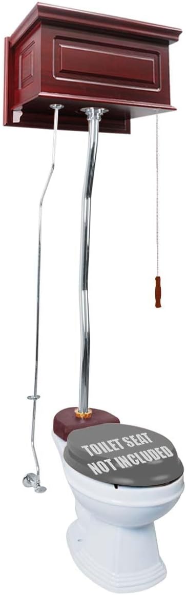 Renovators Supply Manufacturing High Tank Pull Chain Toilet With Cherry Wooden Raised High Tank 59 In. To 74 In. Adjustable Height Chrome Z Pipe And Elongated Toilet Bowl