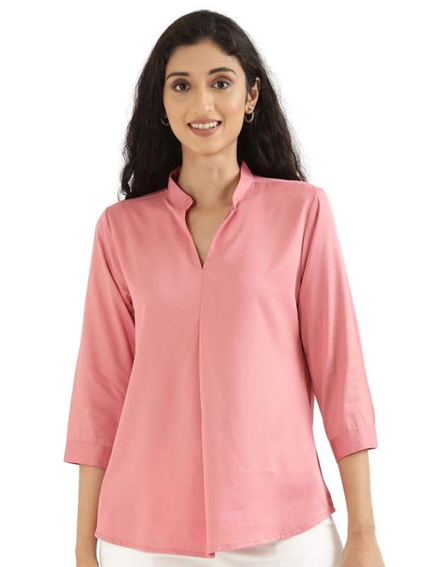 Image of SAADAA Top for Women, Viscose Pleated Tops, V-Neck with a Collar, 3 /4 Sleeve Length, Office & Casual Wear