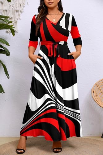 Image of Runwind Plus Size Maxi Dresses - 3 /4 Sleeve V Neck Long Dresses for Women (XL-6XL)
