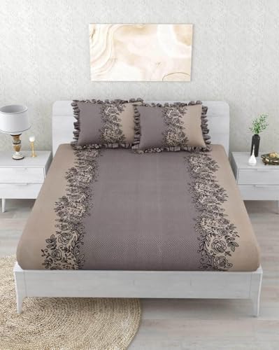 Image of VOMZER King Size (72x78) 300 TC Soft Cotton Feel Microfiber All Around Elastic Fitted Double Bedsheet with 2 Frill Pillow Covers | Coffee