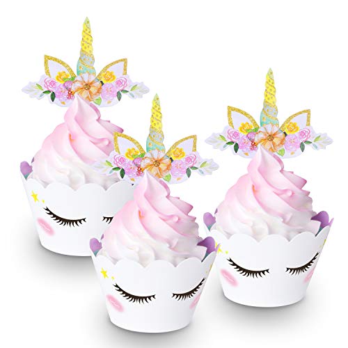 FZR Legend [Unique Design] 24 Sets Cute Unicorn Cupcake Toppers and Wrappers(4Styles,Double