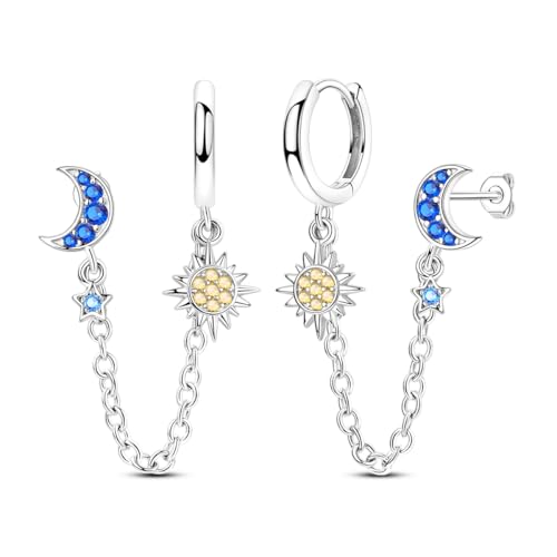 925 Sterling Silver Double Piercing Dangle Chain Hoop Earrings for Woman