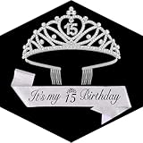 CUBACO 15th Birthday Crown and Sash Set It's My 15th Birthday Decorations for Girls Silver Crown/Tiara for Girls Happy 15 Birthday Party Supplies Corona Para 15 años Quinceañeras Silver