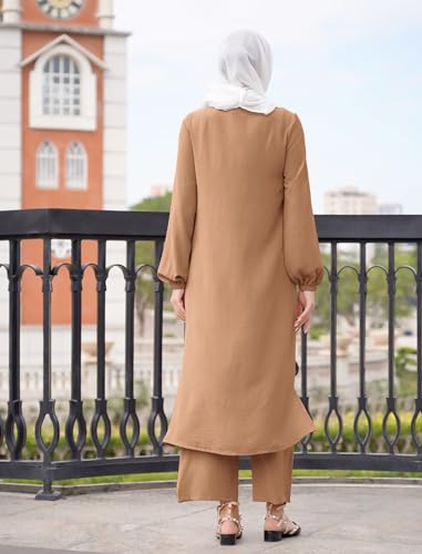 Image of IDOPIP Abaya Dress for Women Muslim Set Long Sleeve Chiffon Islamic Dress Shirt with Pants 2PCS Dubai Prayer Casual Clothes