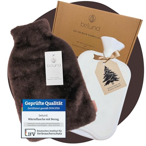 belund.® Wärmflasche mit flauschigem Bezug 1,8 L – Auslaufsicher & BPA-frei – Weiche Bettflasche mit Geschenkverpackung, lange warm, mit waschbarem Kuschelbezug – Hot Water Bottle – Espresso Braun
