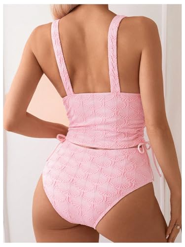 SweatyRocks Women's Textured Drawstring Tankini Swimsuit Wireless High Waisted 2 Piece Bathing Suit4