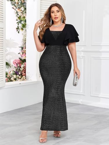 ZOMVA Women's Plus Size Sparkly Maxi Dress Ruffle Short Sleeve Bodycon Mermaid Gown Formal Cocktail Party Club Evening2