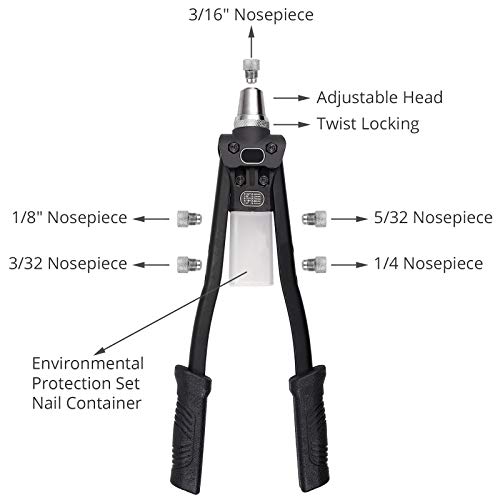 Kamtop 16 Inch Pop Rivet Gun with 5 Nosepieces and 200 Pcs Rivet Pop Rivet Tool with Waste Rivets Collecting Bottle Hand Riveter Riveting Tool - Thumbnail 6