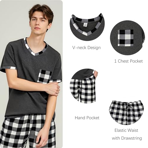 LANBAOSI Mens Short Pajamas Set Summer Top & Plaid Shorts Sleep PJ Set Soft Sleepwear with Pockets4