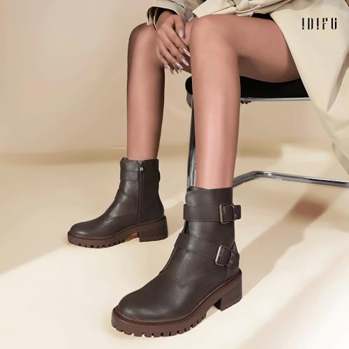 IDIFU Biker Boots for Women Combat Motorcycle Moto Women's Ankle Boots Comfortable Two Buckles Lug Sole Chunky Low Heel Short Boots Fall Fashion Cute Trendy Dressy Side Zipper Boots Booties for Women3