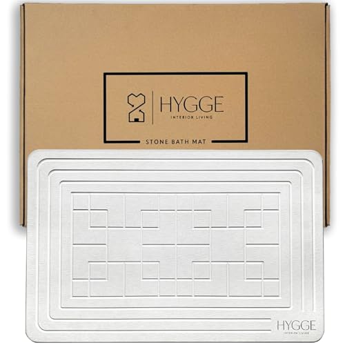 HYGGE INTERIOR LIVING Premium Engraved Stone Bath Mat - Instant Dry Non-Slip Diatomaceous Earth Shower Mat, Modern Luxury Spa Stone, Elegant Bathroom Floor Rug Decor, 23.6 x 15.4 Inches - Ivory Tile
