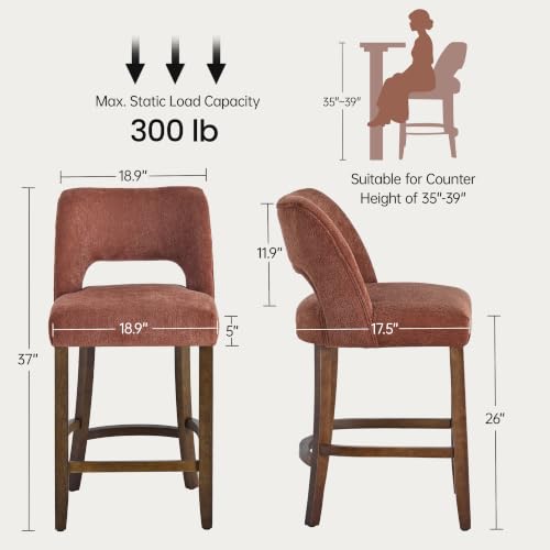 Image of VKNOW Bar Stools Set of 2, 26 inch Fabric Counter Height Bar Stools, Rusty Red