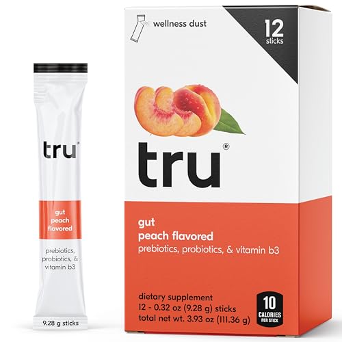 Image of Tru Gut Powder, Prebiotics and Probiotics for Digestive Health, Peach Flavored Gut Health Drink Mix with Vitamin B3, Sweetened with Monk Fruit & Stevia, Caffeine Free, Gluten Free, Vegan, 12 Packets