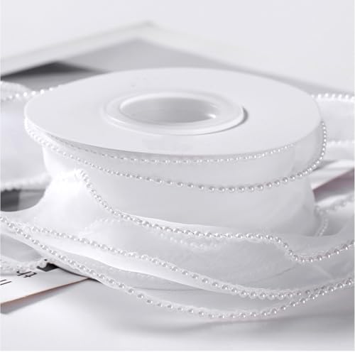 CABODYALS 4 Rolls 20 Yards 1.5 Inch White Ribbon with Pearls Silk Mesh Fishtail Sheer Organza Pearl Edge Bead Transparent Ribbons Trim Bulk Roll for Sewing Making Crafts Gift Wrapping Wedding Bouquet by CABODYALS - Used condition - Image 5