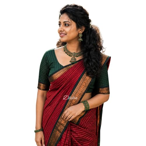 Image of Gadwal Cotton Silk Checked Saree for Women | Pure Kalyani Cotton Checked Saree with Zari Border Tassels & Blouse | Kanjivaram Linen Silk | Handloom Weave