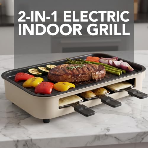 Image of OVENTE 2-in-1 Electric Indoor Grill Non-Stick Cooking Plate, Beige BQR1502B | 1500W Smokeless Korean BBQ Griddle with, 3 Raclette Cheese Pans, Adjustable Temperature Control, Dishwasher Safe