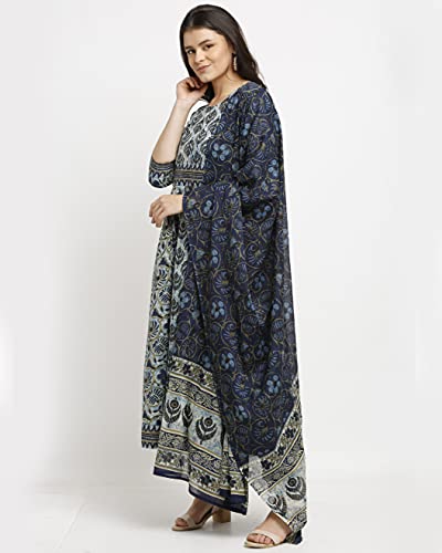 Image of Rajnandini Women's Blue Pure Cambric Cotton Floral Printed Kurta Set With Dupatta (S To 6XL- Size)(JOPLVL218-P)