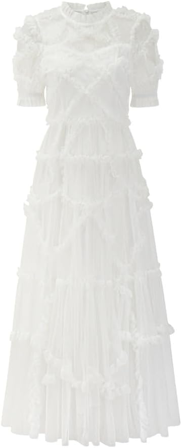 JSEIAJB Mesh Waist Cinching Sweet Fungus Lace Women's Dress Slimming Dress Fashionable Dress(Large)